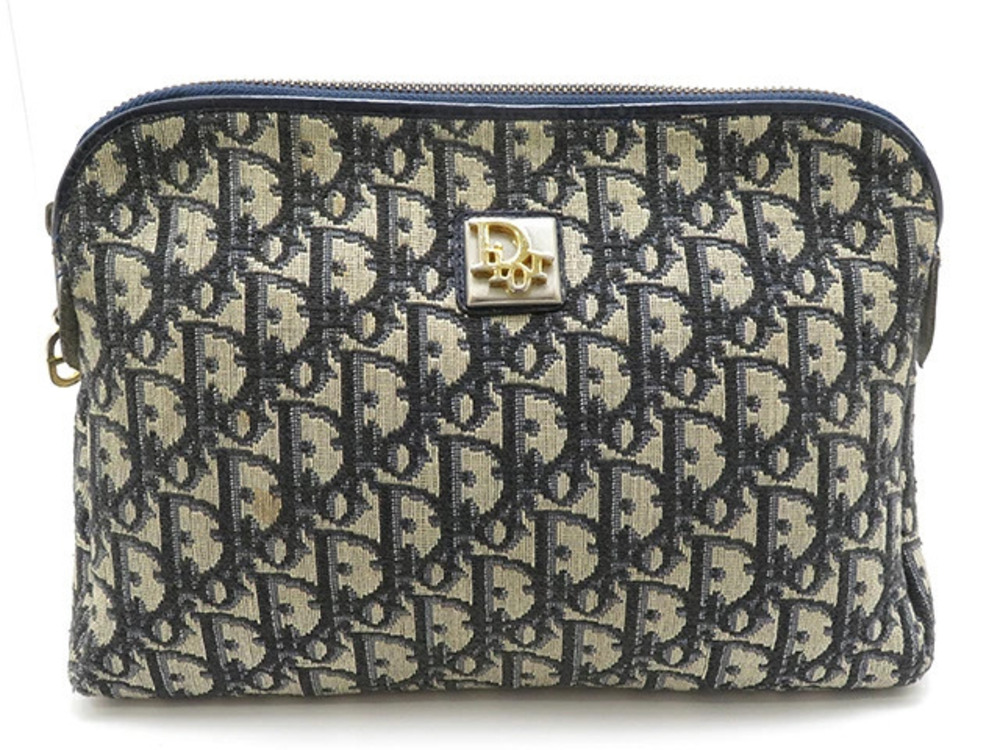 Christian Dior Trotter Shoulder Bag Navy Blue Beige Cream Canvas Leather
